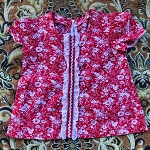 Vintage Handmade Mushroom Floral Printed Blouse Top Red Eyelet Trim Down Front M